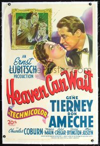 8x343 HEAVEN CAN WAIT linen 1sh '43 Gene Tierney, Don Ameche, directed by Ernst Lubitsch!
