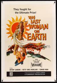 8x368 LAST WOMAN ON EARTH linen 1sh '60 ultra sexy art of near-naked girl & men fighting for her!
