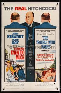 8x378 MAN WHO KNEW TOO MUCH /TROUBLE WITH HARRY linen 1sh '63 three images of Alfred Hitchcock!