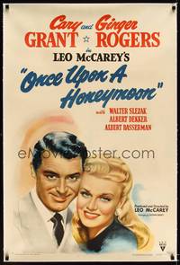8x401 ONCE UPON A HONEYMOON linen 1sh '42 wonderful smiling portrait of Ginger Rogers & Cary Grant!