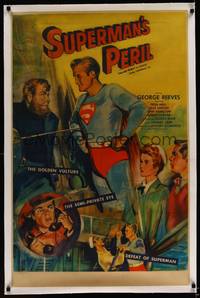 8x462 SUPERMAN'S PERIL linen 1sh '54 great full-length art of superhero George Reeves in costume!