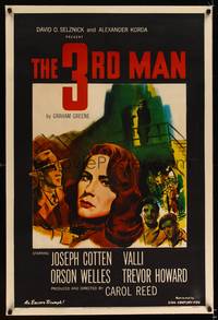 8x468 THIRD MAN linen 1sh R56 art of Orson Welles, plus Cotten & Valli, classic film noir!