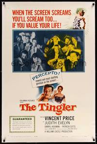 8x475 TINGLER linen 1sh '59 Vincent Price, William Castle, terrified audience, presented in Percepto