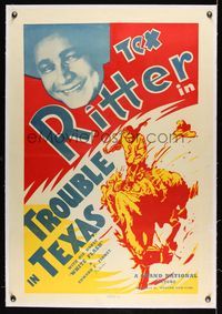 8x479 TROUBLE IN TEXAS linen 1sh R40s smiling portrait of Tex Ritter + art of him on horse!