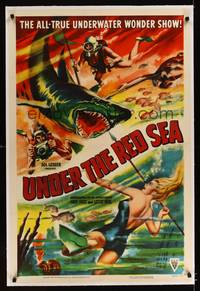 8x480 UNDER THE RED SEA linen 1sh '52 cool art of scuba divers & sexy swimmer fighting shark!