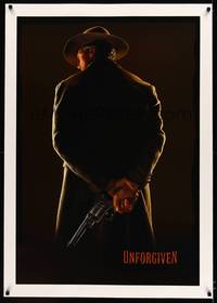 8x482 UNFORGIVEN linen teaser 1sh '92 classic image of gunslinger Clint Eastwood with back turned!