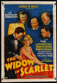 8x487 WIDOW IN SCARLET linen 1sh '32 stone litho of pretty Dorothy Revier & gang of jewel thieves!