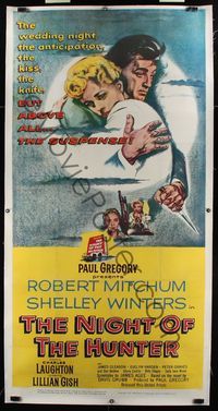 8y026 NIGHT OF THE HUNTER linen 3sh '55 Robert Mitchum, Shelley Winters, Laughton classic noir!