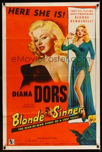 8y089 BLONDE SINNER 1sh '56 3 images of sexy bad girl Diana Dors full-length, close up & with gun!