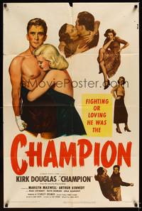 8y091 CHAMPION 1sh '49 art of boxer Kirk Douglas with Marilyn Maxwell, boxing classic!