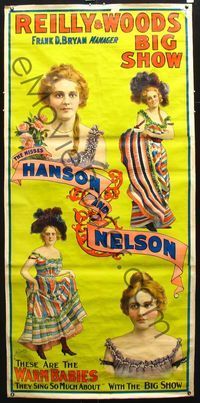 8y143 REILLY & WOODS BIG SHOW linen circus poster c1900s stone litho of The Misses Hanson & Nelson!