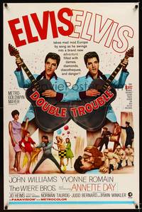 8y093 DOUBLE TROUBLE 1sh '67 cool mirror image of rockin' Elvis Presley playing guitar!