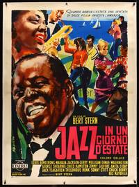 8y193 JAZZ ON A SUMMER'S DAY linen Italian 1p '60 wonderful art of Louis Armstrong by Manfredo!