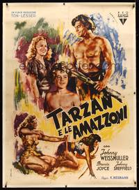 8y202 TARZAN & THE AMAZONS linen Italian 1p '45 different Tarquini art of Weissmuller, Jane & Boy!