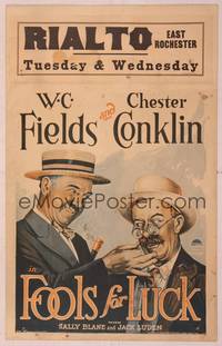 8y078 FOOLS FOR LUCK WC '28 wacky stone litho of W.C. Fields pulling Chester Conklin's mustache!