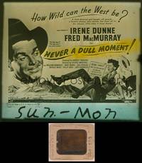 8z128 NEVER A DULL MOMENT glass slide '50 art of Fred MacMurray laughing at Irene Dunne on ground!