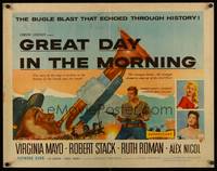 9a403 GREAT DAY IN THE MORNING style A 1/2sh '56 art of Robert Stack with two guns, Virginia Mayo!