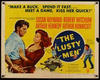 9a519 LUSTY MEN style A 1/2sh '52 art of Robert Mitchum with sexy Susan Hayward & riding on bull!