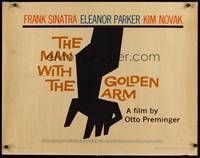 9a209 MAN WITH THE GOLDEN ARM style A 1/2sh '56 Frank Sinatra is hooked, classic Saul Bass art!
