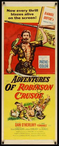 9b014 ADVENTURES OF ROBINSON CRUSOE   insert '54 Luis Bunuel, art of Dan O'Herlihy w/parrot & gun!