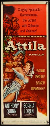 9b040 ATTILA  insert '58 art of Anthony Quinn as The Hun grabbing sexy Sophia Loren!