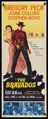 9b082 BRAVADOS  insert '58 full-length art of cowboy Gregory Peck with gun & sexy Joan Collins!