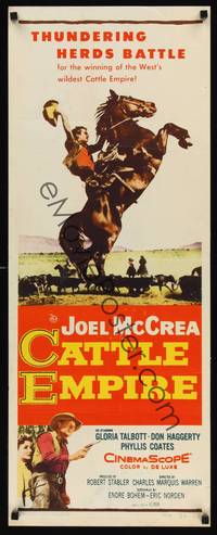 9b105 CATTLE EMPIRE  insert '58 cool full-length image of cowboy Joel McCrea with gun drawn!