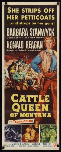 9b106 CATTLE QUEEN OF MONTANA  insert '54 Barbara Stanwyck straps on her guns, Ronald Reagan!