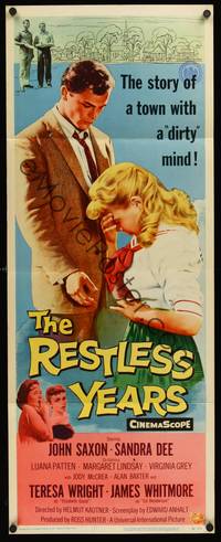 9b431 RESTLESS YEARS  insert '58 John Saxon & Sandra Dee are condemned by a town with a dirty mind!