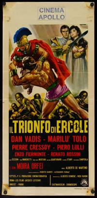 9b721 HERCULES VS THE GIANT WARRIOR  Italian locandina '64 Casaro art of Hercules fighting!