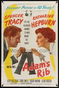 9d014 ADAM'S RIB 1sh '49 Spencer Tracy & Katharine Hepburn fight over who wears the pants!