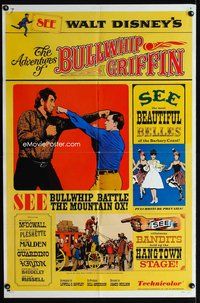 9d016 ADVENTURES OF BULLWHIP GRIFFIN style A 1sh '66 Disney, beautiful belles, mountain ox battle!