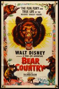 9d056 BEAR COUNTRY style A 1sh '53 Walt Disney True-Life Adventure, cool bear artwork!