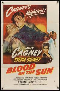 9d072 BLOOD ON THE SUN 1sh '45 great artwork of James Cagney fighting, plus sexy Sylvia Sidney!