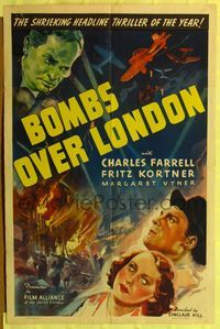 9d078 BOMBS OVER LONDON 1sh '37 artwork of airplanes bombing london, Charles Farrell!