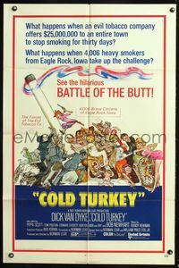 9d130 COLD TURKEY 1sh '71 Dick Van Dyke & entire town quits smoking cigarettes, great art!
