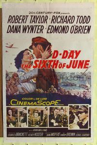 9d158 D-DAY THE SIXTH OF JUNE 1sh '56 romantic art of Robert Taylor & sexy Dana Wynter in WWII!