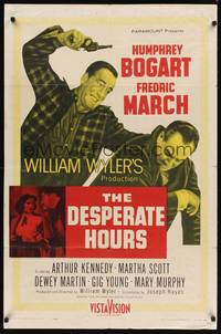 9d193 DESPERATE HOURS 1sh '55 Humphrey Bogart attacks Fredric March from behind, William Wyler