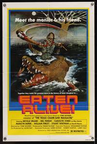 9d237 EATEN ALIVE 1sh '77 Tobe Hooper, wild horror artwork of madman w/scythe & alligator!