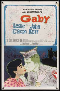 9d342 GABY 1sh '56 wonderful close up art of soldier John Kerr kissing Leslie Caron!