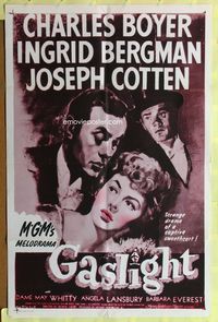 9d347 GASLIGHT 1sh R60s artwork of Ingrid Bergman, Joseph Cotten, Charles Boyer!