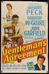 9d349 GENTLEMAN'S AGREEMENT 1sh '47 Elia Kazan, Gregory Peck, Dorothy McGuire, John Garfield!