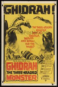 9d350 GHIDRAH THE THREE HEADED MONSTER 1sh '65 Toho, he battles Godzilla, Mothra, and Rodan!