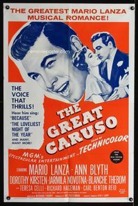 9d381 GREAT CARUSO 1sh R62 huge close up headshot of Mario Lanza & with pretty Ann Blyth!