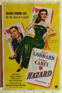 9d406 HAZARD style A 1sh '48 great playing card art of sexy Paulette Goddard & Macdonald Carey!