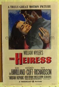 9d408 HEIRESS 1sh '49 William Wyler, romantic c/u of Olivia de Havilland & Montgomery Clift!