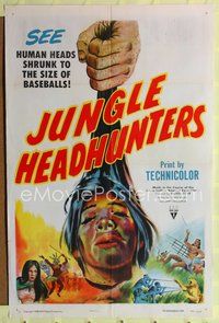 9d477 JUNGLE HEADHUNTERS style A 1sh '51 wild shrunken head image, voodoo documentary!