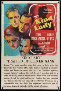 9d488 KIND LADY 1sh '51 John Sturges, artwork of Ethel Barrymore & Angela Lansbury!