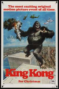 9d491 KING KONG teaser 1sh '76 John Berkey art of BIG Ape on the Twin Towers!