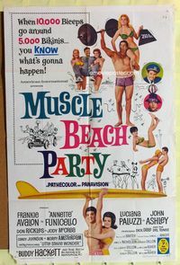 9d584 MUSCLE BEACH PARTY 1sh '64 Frankie & Annette, 10,000 biceps & 5,000 bikinis!